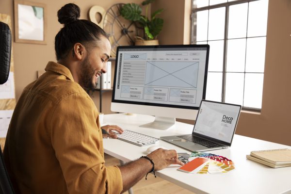 side-view-man-working-desk